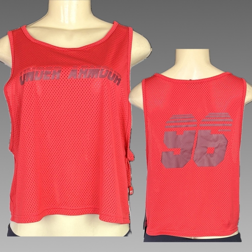 Under Armour L Women's Name Logo Red Mesh Tank Top Crew Neck Cropped Graphic 96
